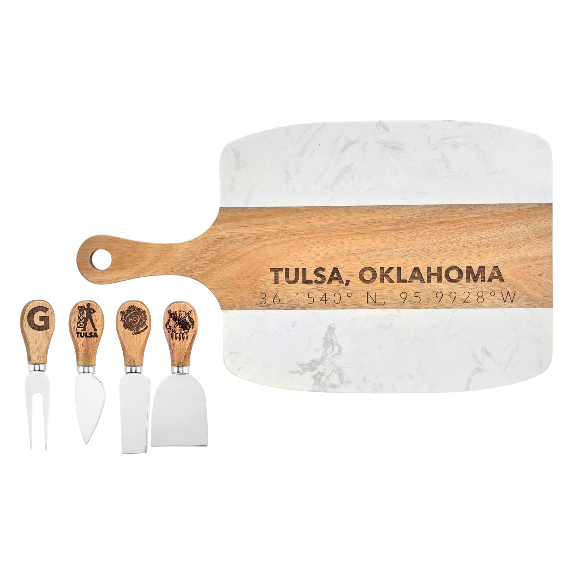 Tulsa Oklahoma cheese board with engraved acacia wood center and marble ends shown with optional engraved knife handle designs including Tulsa and Oklahoma themes