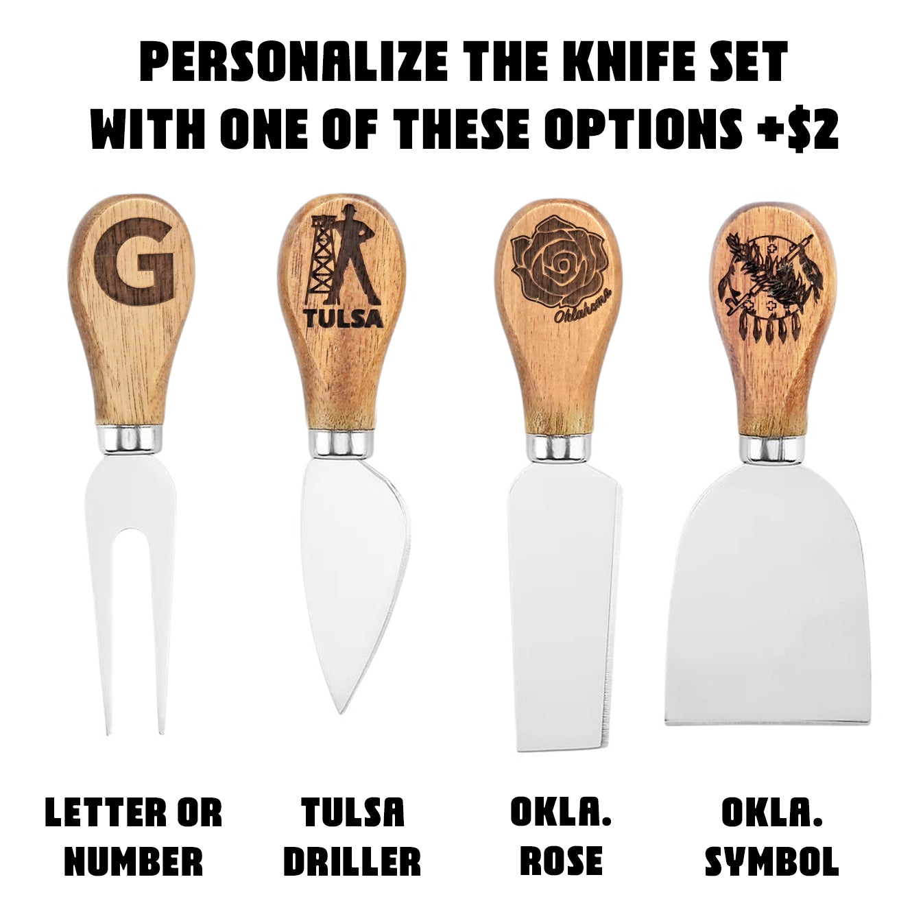 Four cheese knives with engraved handle personalization options shown beside Tulsa Oklahoma marble wood charcuterie board, gift ready serving set with custom add on choices