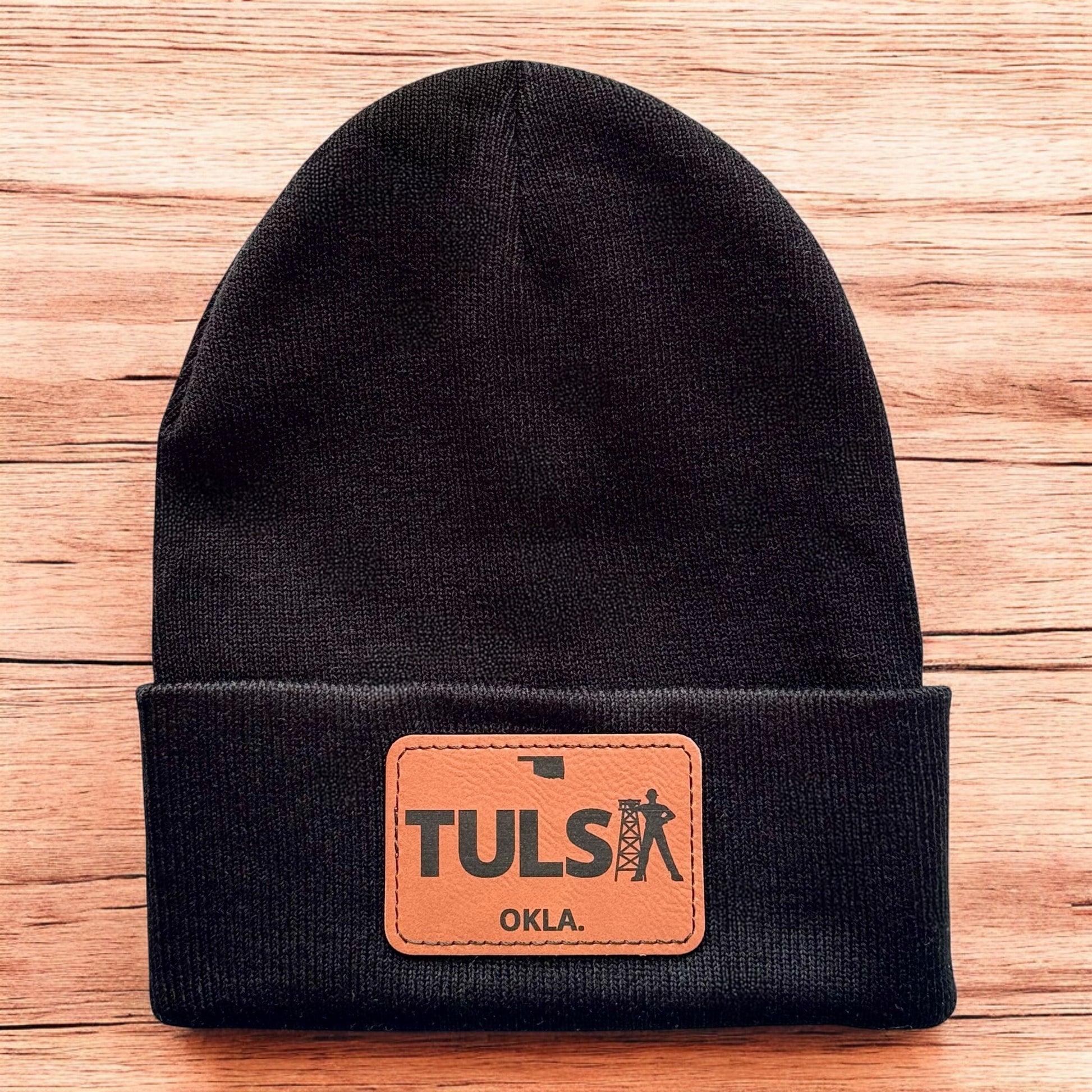Black beanie with Tulsa Oklahoma leatherette patch and driller design, minimalist Tulsa winter hat