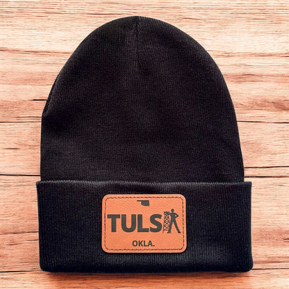 Black beanie with Tulsa Oklahoma leatherette patch and driller design, minimalist Tulsa winter hat