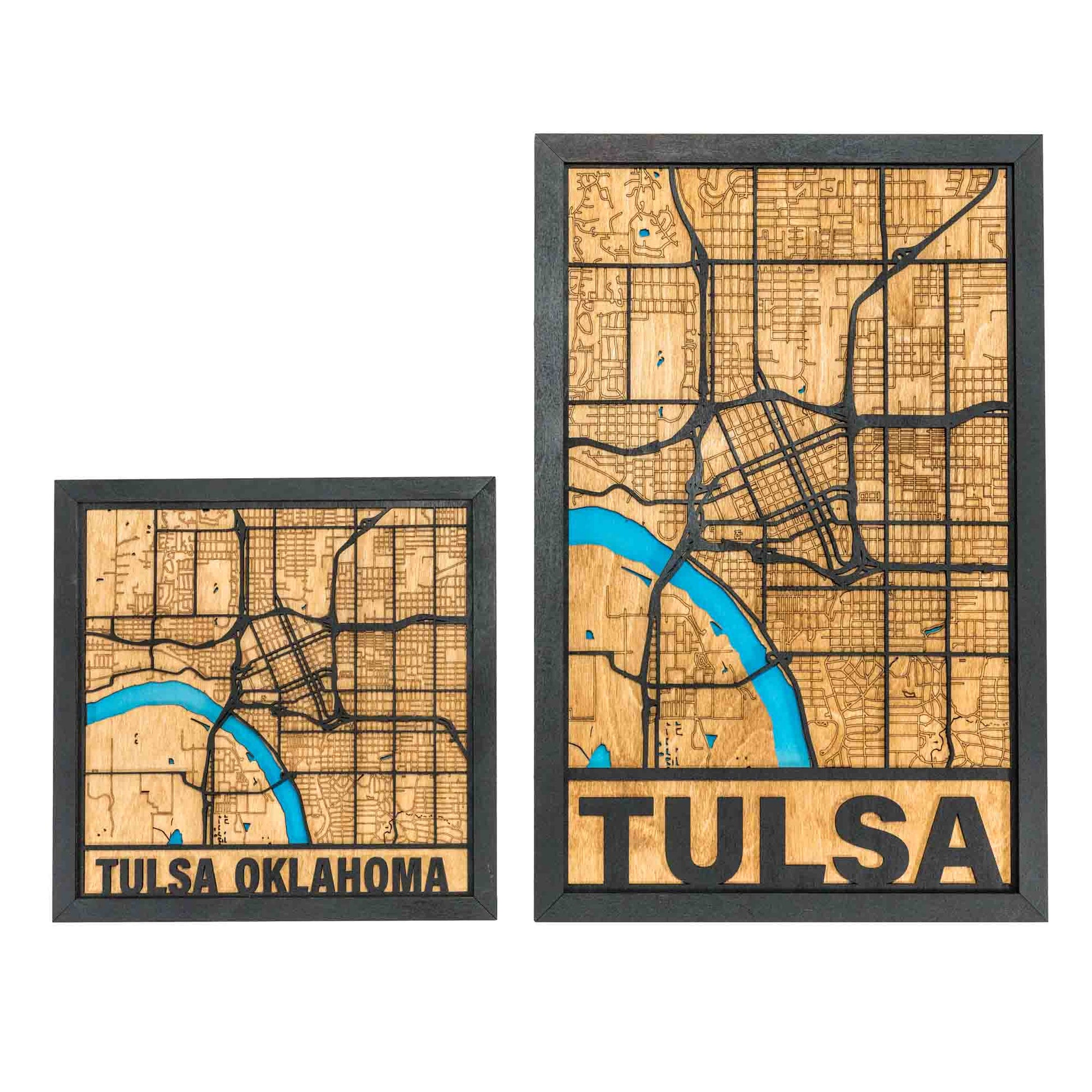 Side-by-side medium and large wooden maps of Tulsa, Oklahoma, showing city street details and blue river accents.