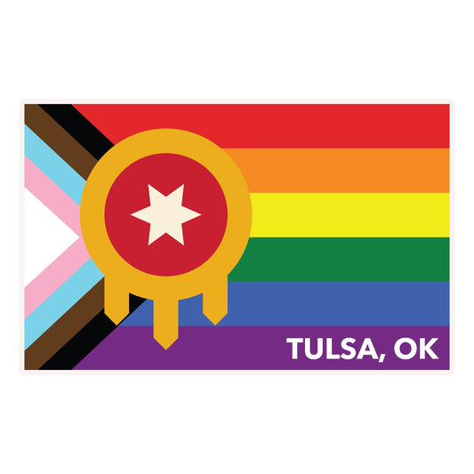 Close up of Tulsa Pride vinyl sticker showing rainbow stripes and Tulsa city emblem, durable Oklahoma Pride souvenir sticker