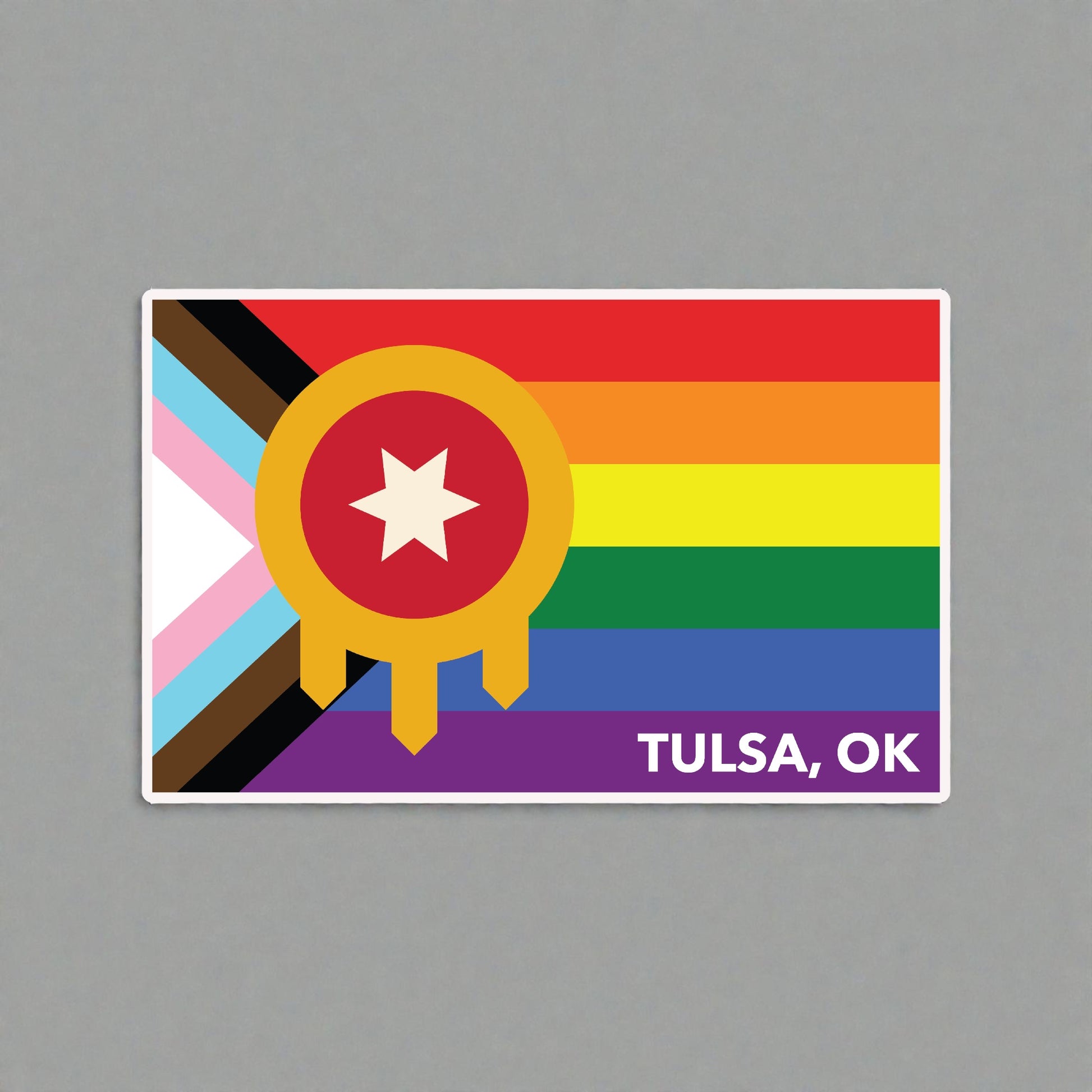 Tulsa Pride flag vinyl sticker featuring Progress Pride colors and Tulsa city flag emblem with white border, 3 inch Oklahoma LGBTQ souvenir sticker