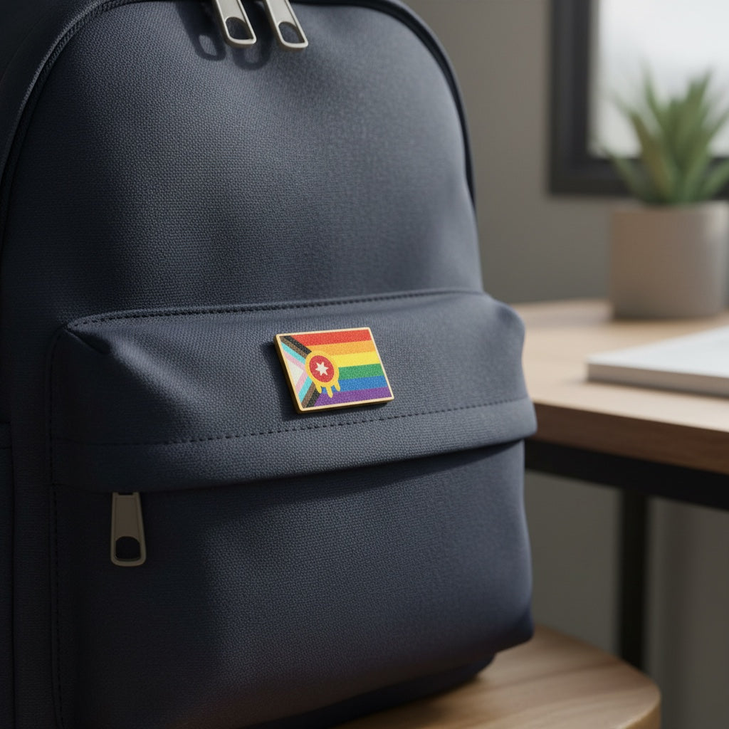 Tulsa rainbow wooden lapel pin attached to backpack, Tulsa Pride souvenir pin for bags, jackets, and local gift shoppers