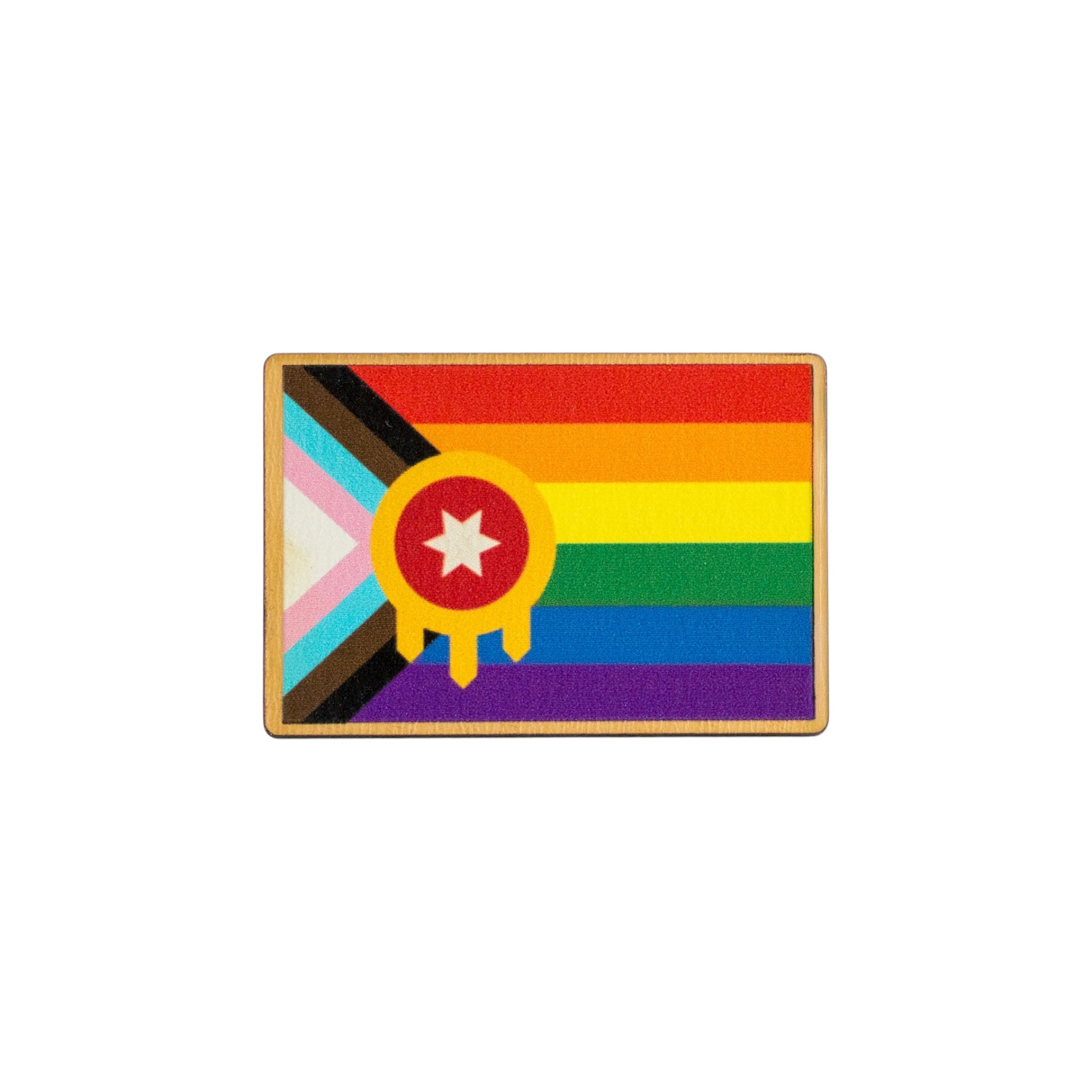 Eco Wood Birch Tulsa Pride lapel pin isolated on white background showing rainbow Tulsa flag style design