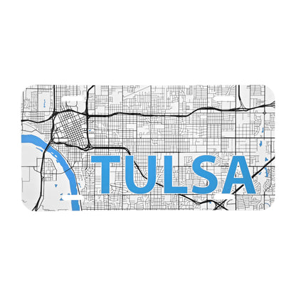Front view of Tulsa Road Map vanity license plate featuring detailed city street map and bold blue TULSA text, Route 66 souvenir by The Curious Bison.