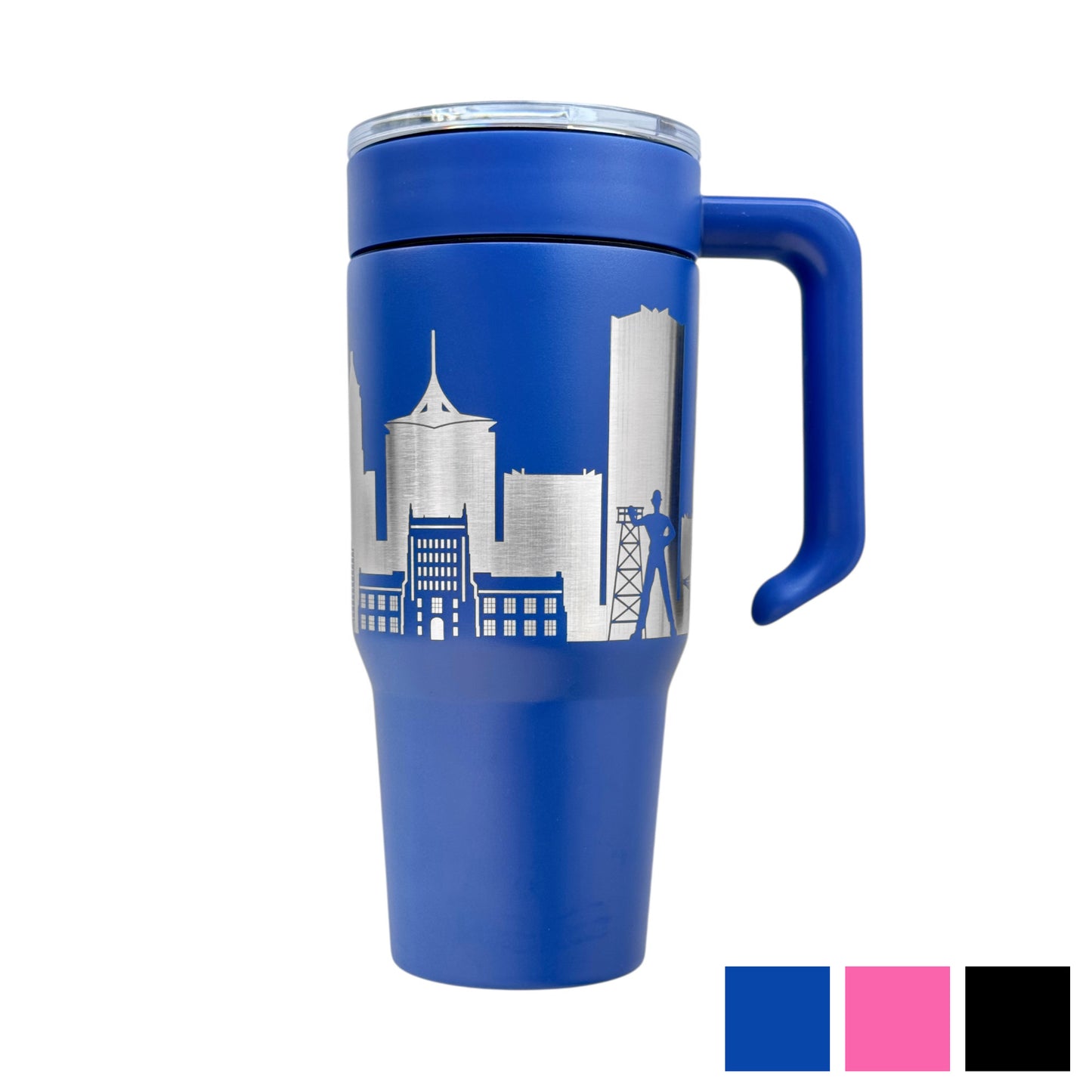 Blue Tulsa skyline 30oz insulated stainless steel tumbler with engraved city skyline and detachable handle, Tulsa Oklahoma travel souvenir drinkware