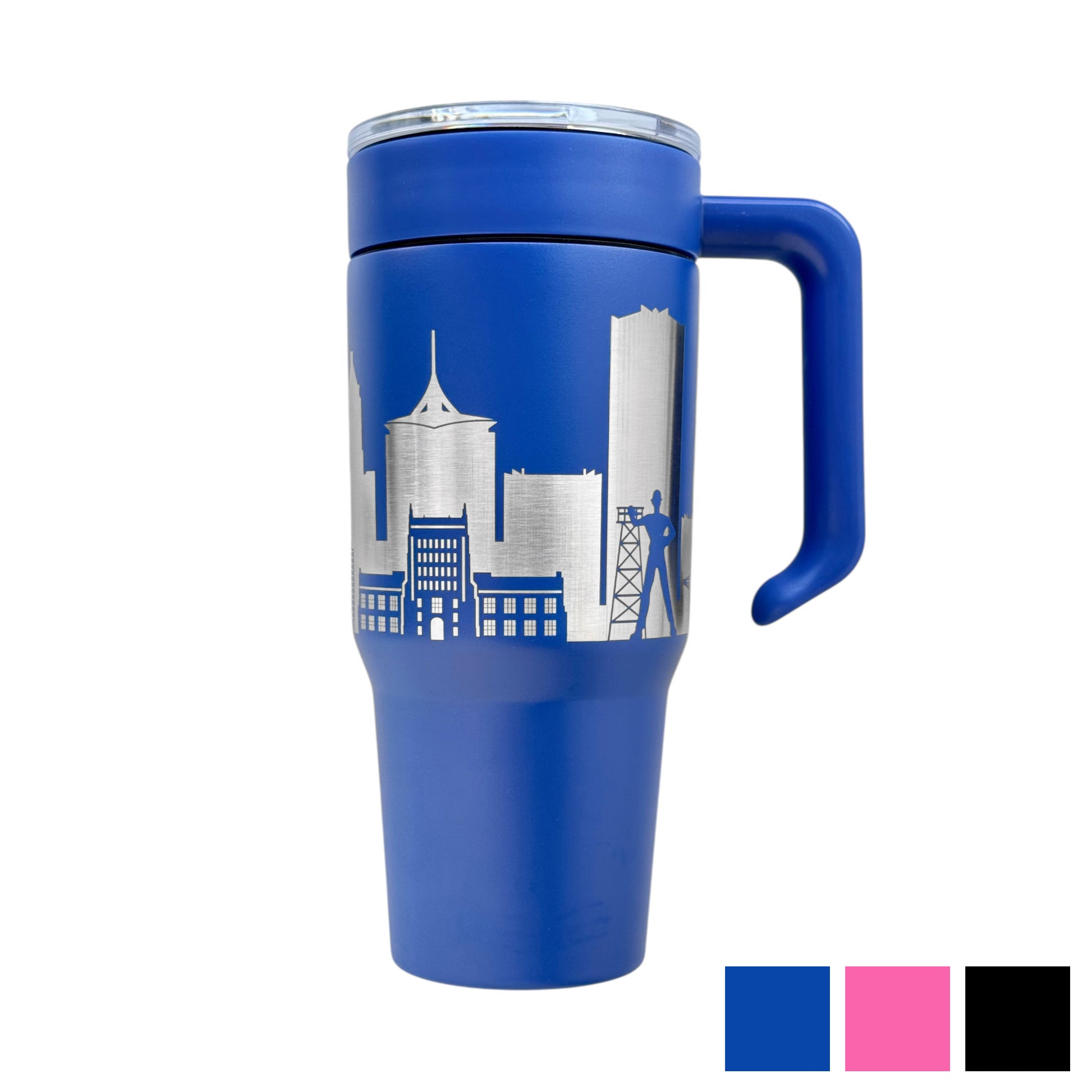 Blue Tulsa skyline 30oz insulated stainless steel tumbler with engraved city skyline and detachable handle, Tulsa Oklahoma travel souvenir drinkware
