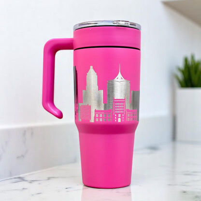 Pink Tulsa skyline 30oz stainless steel tumbler with engraved city skyline and clear sliding lid