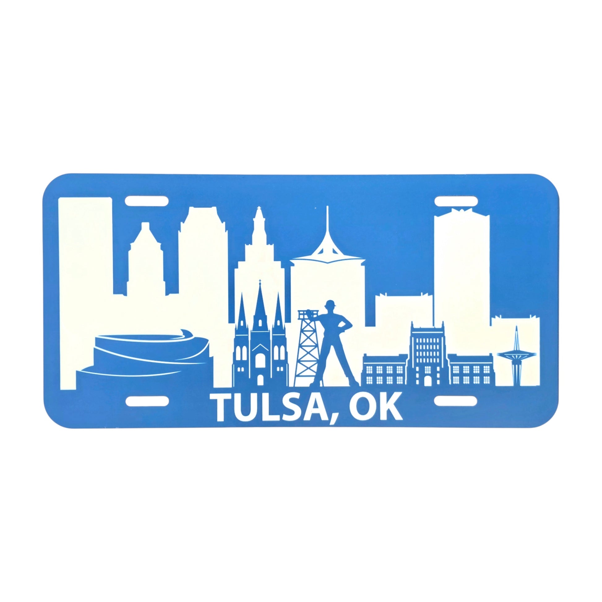 Blue Tulsa Skyline vanity plate with detailed Tulsa skyline and Golden Driller silhouette, handmade Oklahoma souvenir by The Curious Bison.