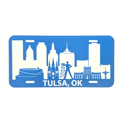 Blue Tulsa Skyline vanity plate with detailed Tulsa skyline and Golden Driller silhouette, handmade Oklahoma souvenir by The Curious Bison.