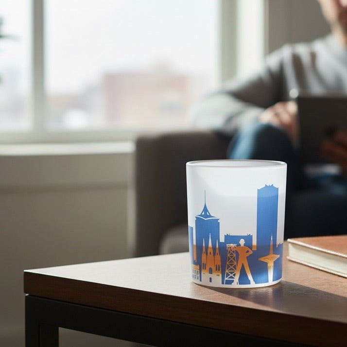 Tulsa skyline frosted whiskey glass displayed on a side table in a home setting, featuring blue Tulsa Oklahoma landmarks including the Golden Driller and downtown skyline
