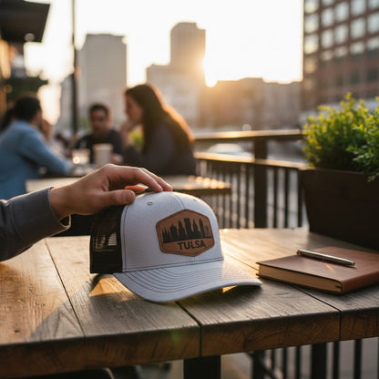 Tulsa skyline trucker hat resting on outdoor table with city background, casual Oklahoma hat used as Route 66 travel gift