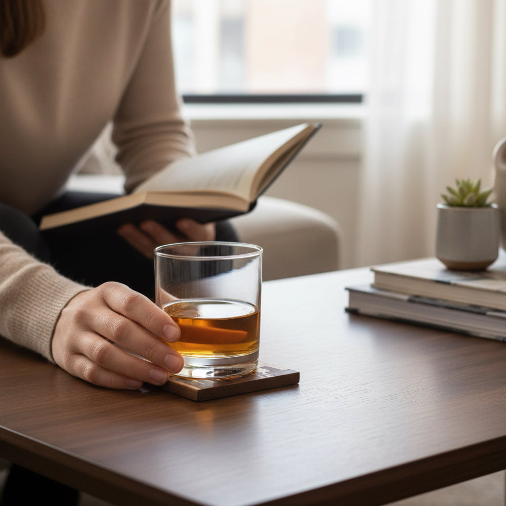 Glass of whiskey resting on Tulsa skyline marble and wood coaster on dark wood coffee table, engraved Tulsa skyline coaster used as a functional Tulsa Oklahoma gift and Route 66 travel souvenir