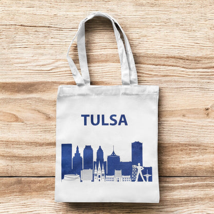 Small Tulsa Oklahoma skyline tote bag standing upright, reusable Tulsa souvenir tote