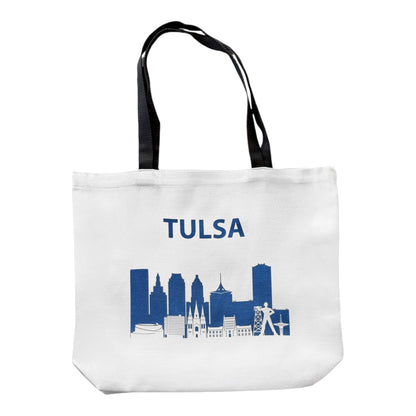 Tulsa skyline tote bag with navy blue city skyline illustration and black handles, reusable Tulsa Oklahoma tote photographed on white background.