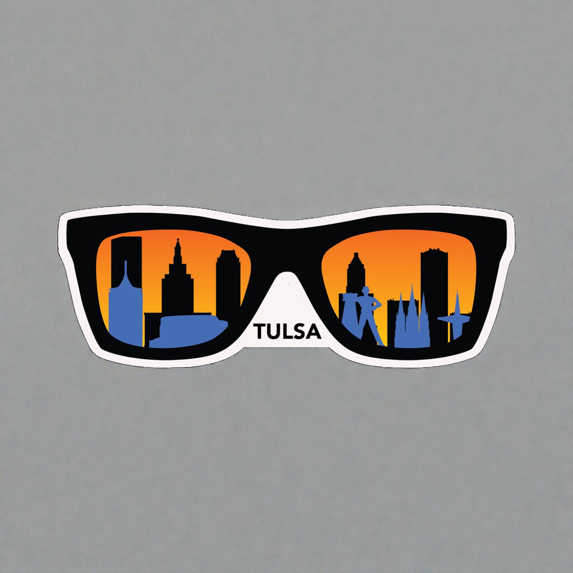 Tulsa skyline sunglasses vinyl sticker with orange sunset gradient and black city silhouette, Oklahoma souvenir decal with white border