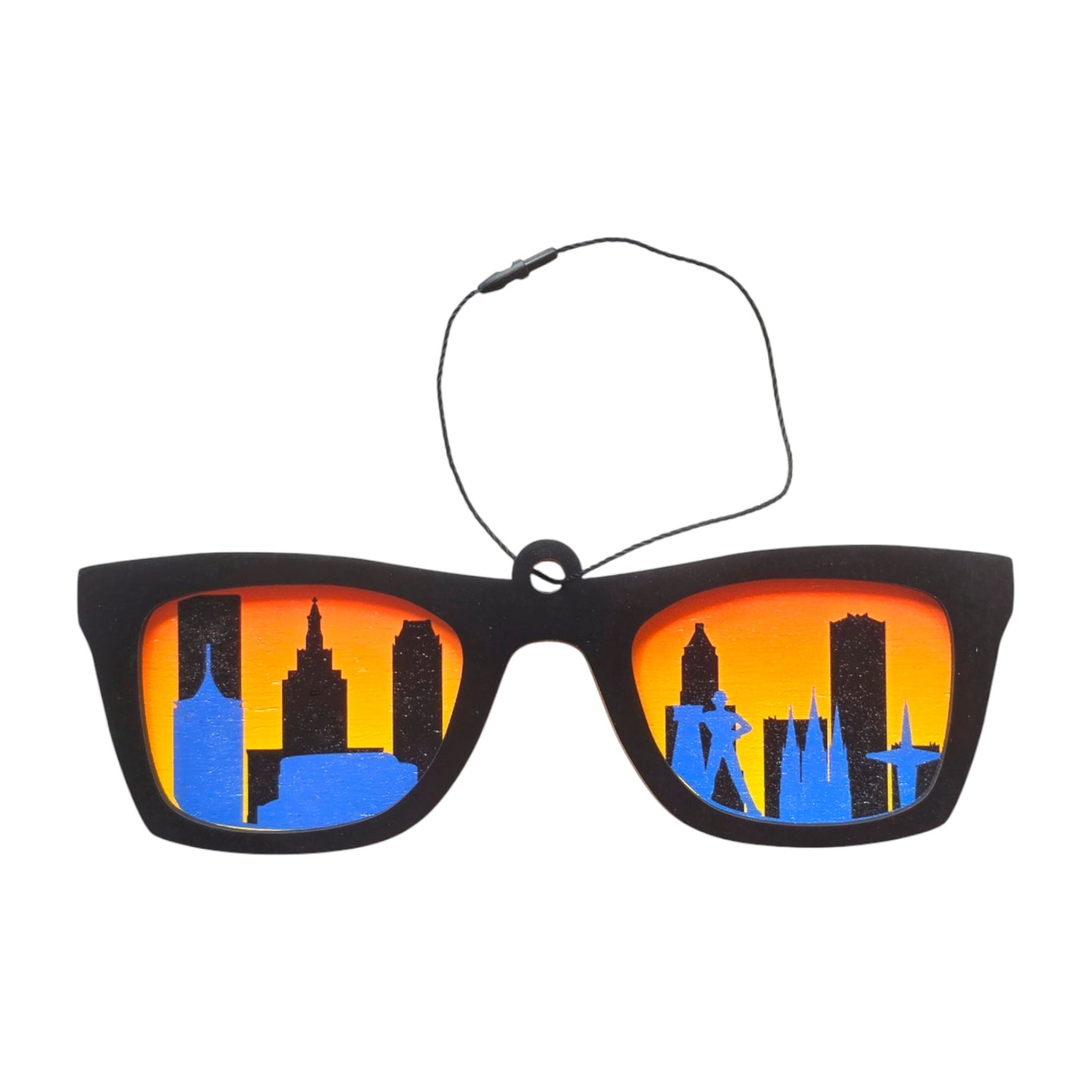 Tulsa skyline sunglasses wooden ornament with skyline reflected in sunglasses lenses, layered wood Tulsa ornament with hanging cord for local gift or souvenir