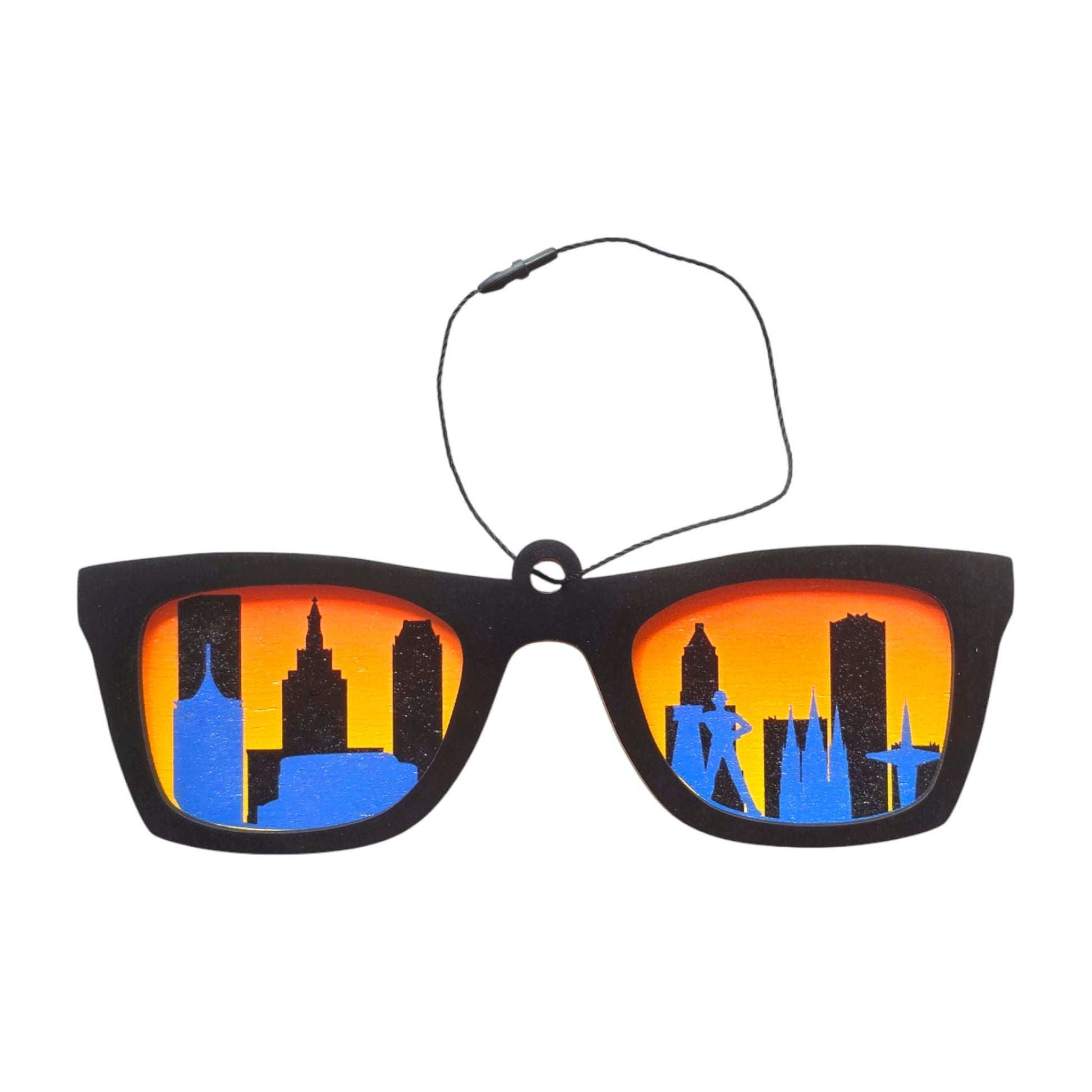 Tulsa skyline sunglasses wooden ornament with skyline reflected in sunglasses lenses, layered wood Tulsa ornament with hanging cord for local gift or souvenir