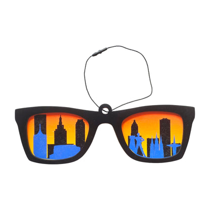 Tulsa skyline sunglasses wooden ornament with skyline reflected in sunglasses lenses, layered wood Tulsa ornament with hanging cord for local gift or souvenir