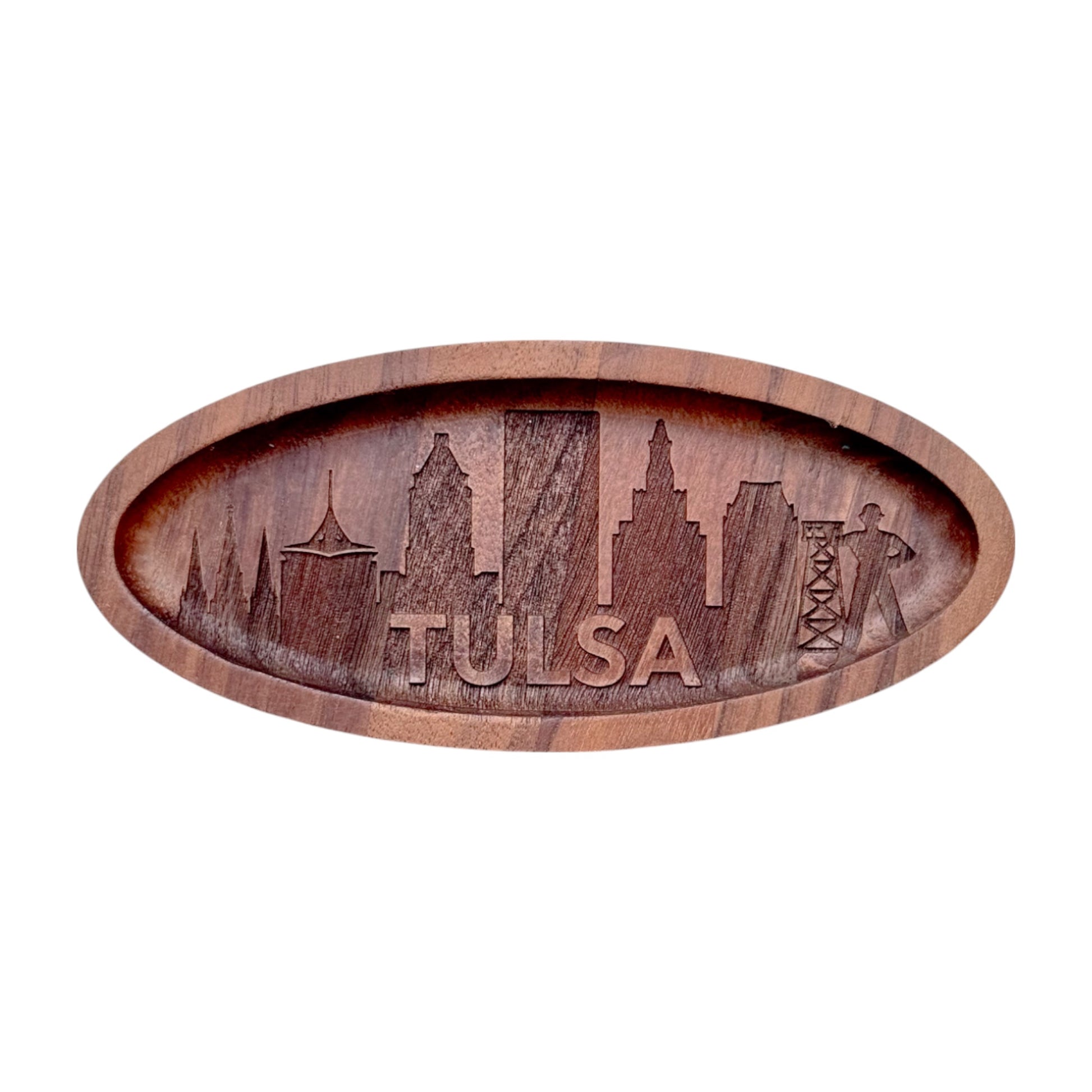 Small walnut wood ring tray engraved with the Tulsa skyline, oval wooden catchall dish for rings and jewelry, Tulsa gift or local souvenir