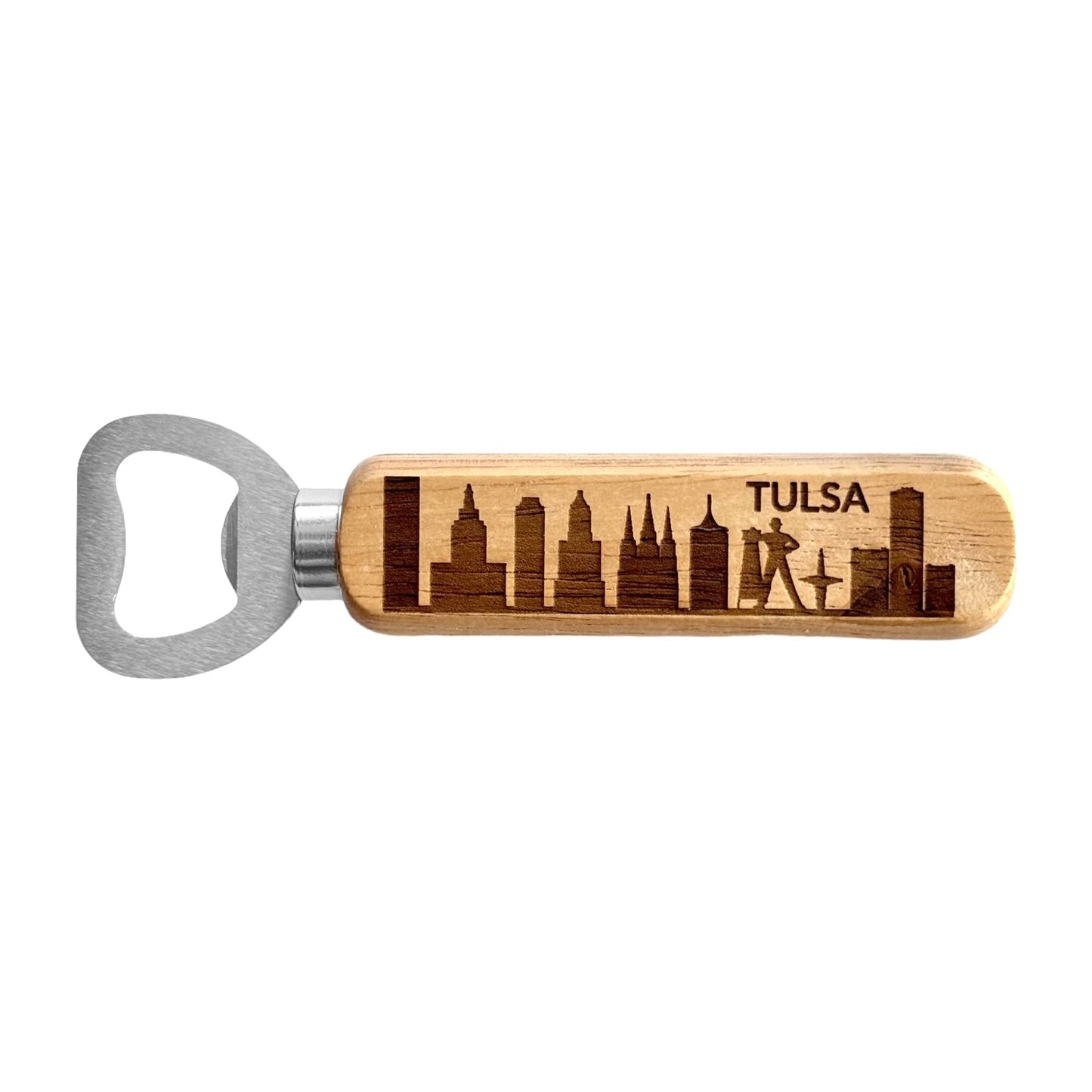 Tulsa skyline wooden bottle opener with laser engraved skyline and Driller design, Oklahoma souvenir bottle opener with solid metal opener head