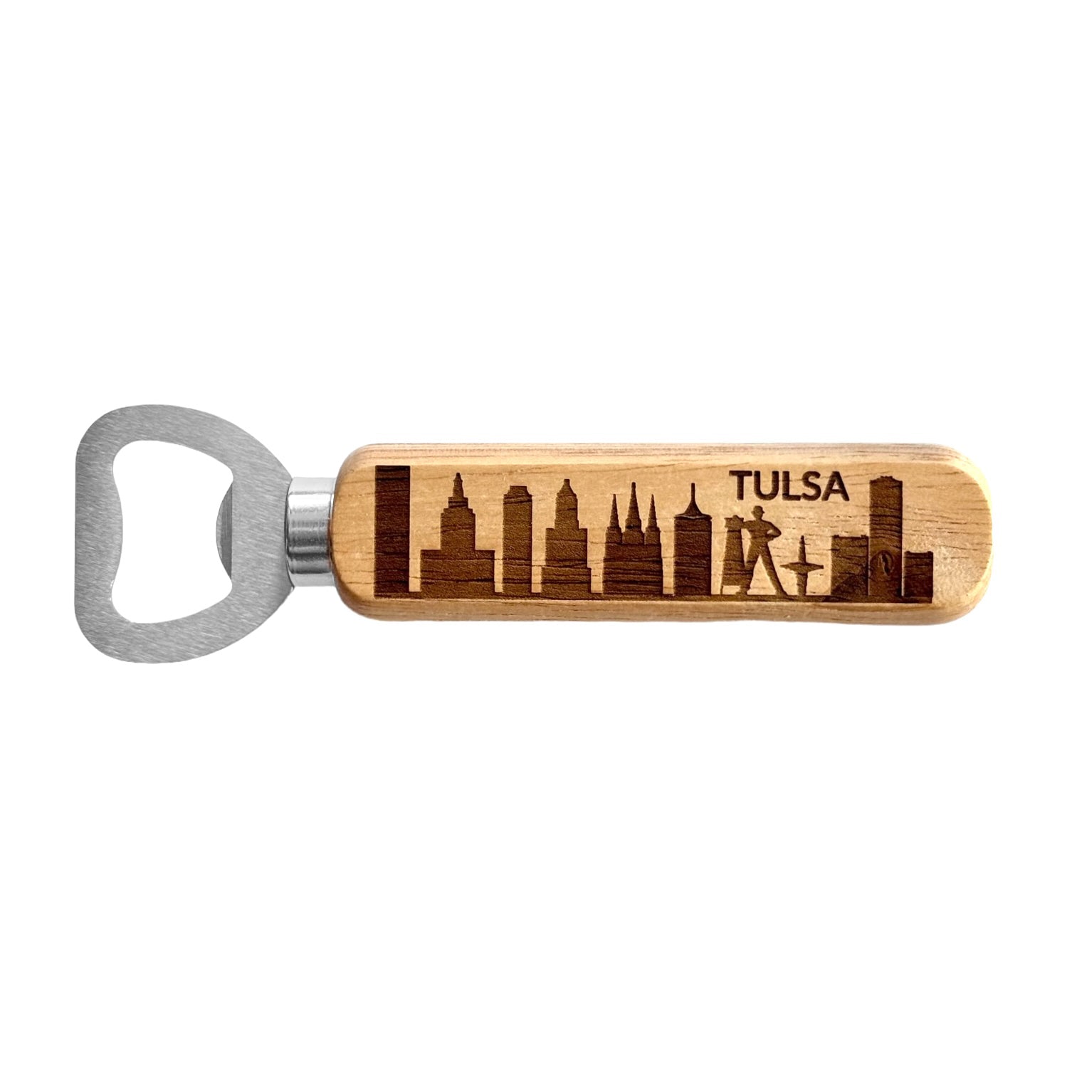 Tulsa skyline wooden bottle opener with laser engraved skyline and Driller design, Oklahoma souvenir bottle opener with solid metal opener head