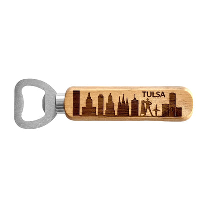 Tulsa skyline wooden bottle opener with laser engraved skyline and Driller design, Oklahoma souvenir bottle opener with solid metal opener head
