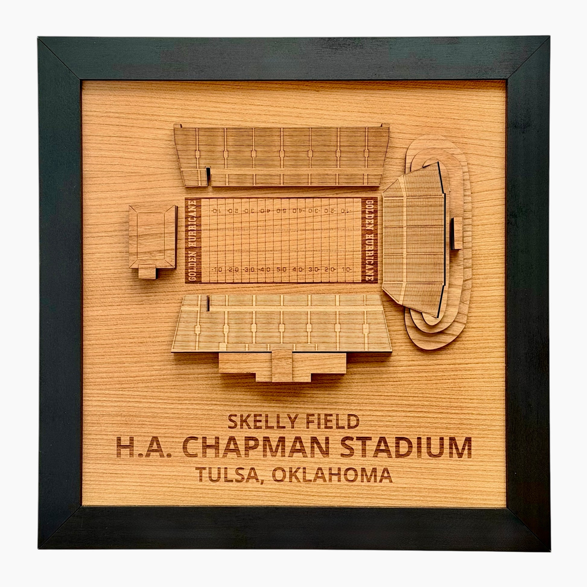 Framed layered wood wall art featuring Skelly Field at H.A. Chapman Stadium in Tulsa Oklahoma with engraved football field details and architectural stadium layout for Tulsa football fans and Oklahoma sports decor