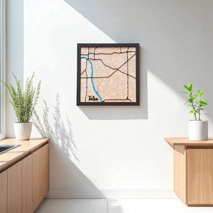 Framed Tulsa wooden city map hanging on a wall in a modern room, layered wood wall art used as Tulsa home decor