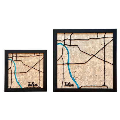 Two framed Tulsa wooden city maps in different sizes displayed side by side, layered laser cut wood map showing Tulsa streets and river as home decor or Tulsa gift