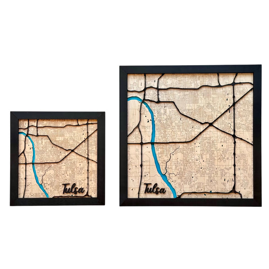 Two framed Tulsa wooden city maps in different sizes displayed side by side, layered laser cut wood map showing Tulsa streets and river as home decor or Tulsa gift