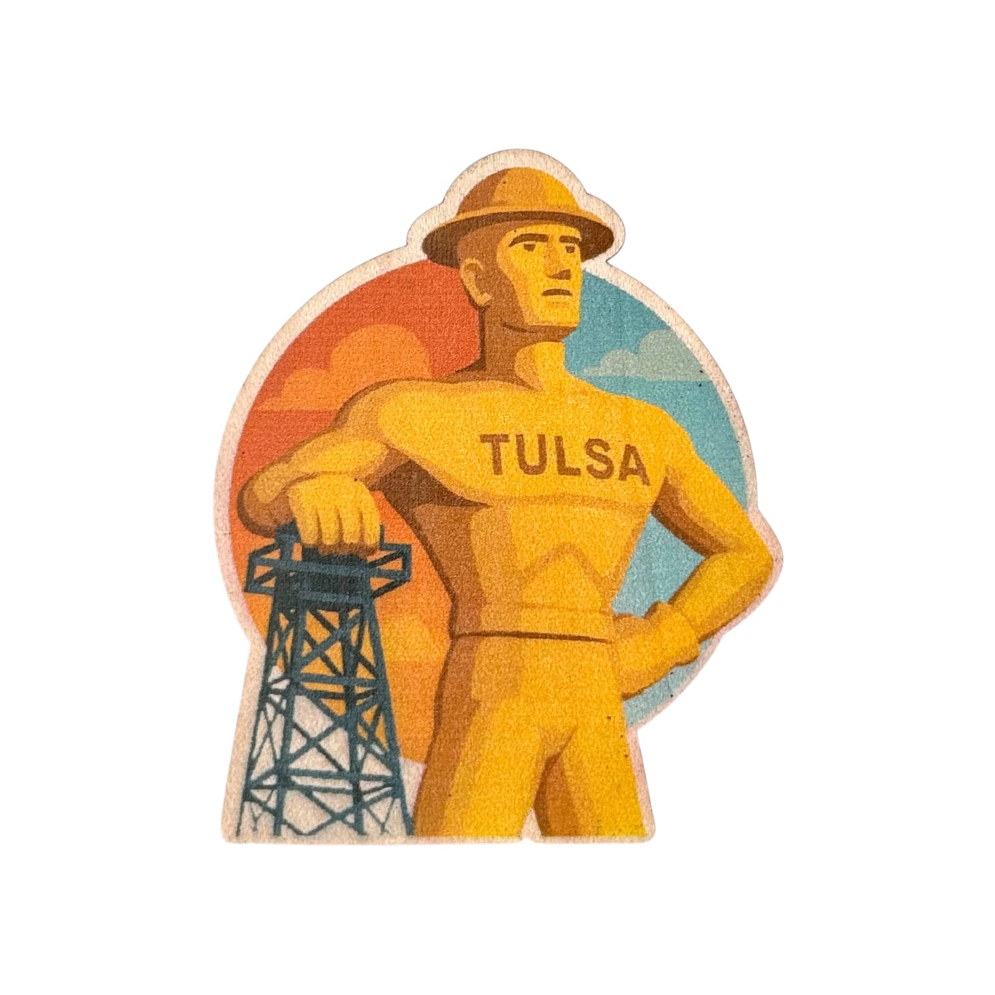Colorful wood sticker of the Tulsa Golden Driller statue with oil rig silhouette, perfect for Oklahoma souvenir collections and local Tulsa pride.