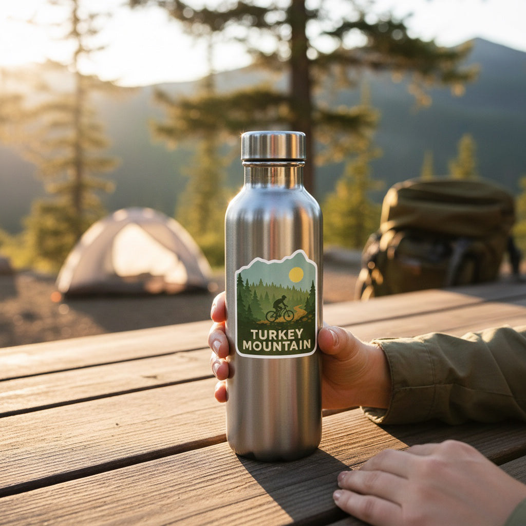 Turkey Mountain Tulsa trail biking sticker applied to a stainless steel water bottle at a campsite, outdoor adventure decal representing Tulsa hiking and biking trails