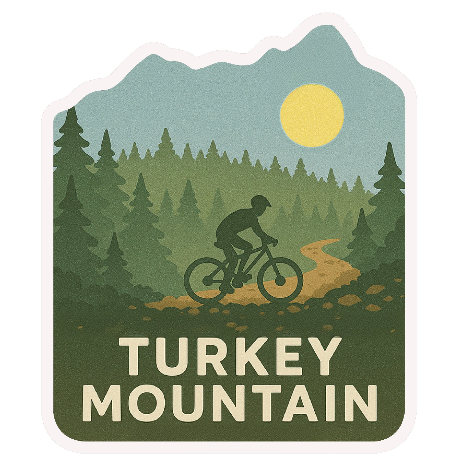 Turkey Mountain Tulsa trail biking sticker showing a mountain biker silhouette riding through pine forest under a full sun, green layered forest design with bold Turkey Mountain lettering