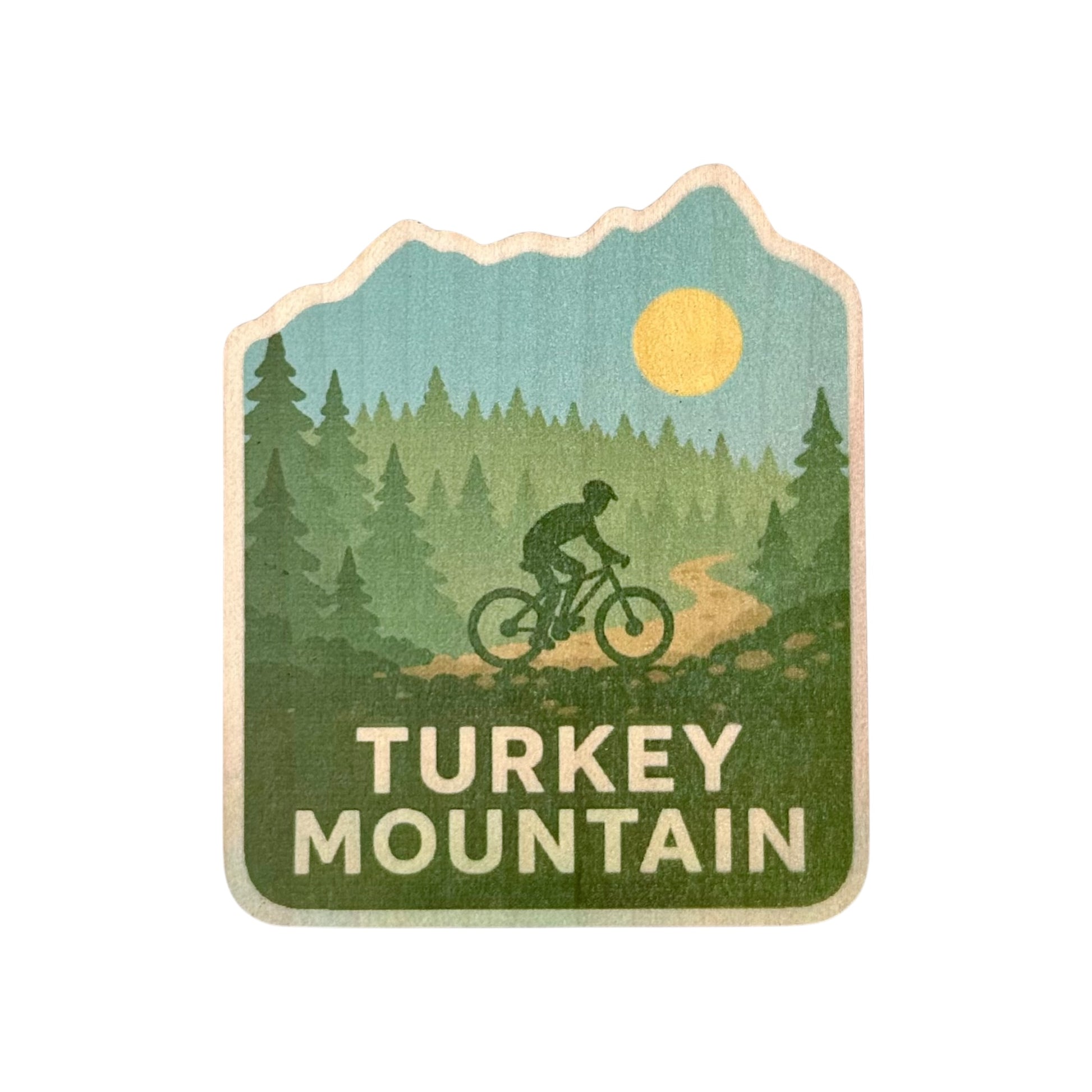 Colorful Turkey Mountain wood sticker featuring a mountain biker on a forest trail under a yellow sun—perfect for Oklahoma nature lovers and adventure enthusiasts.