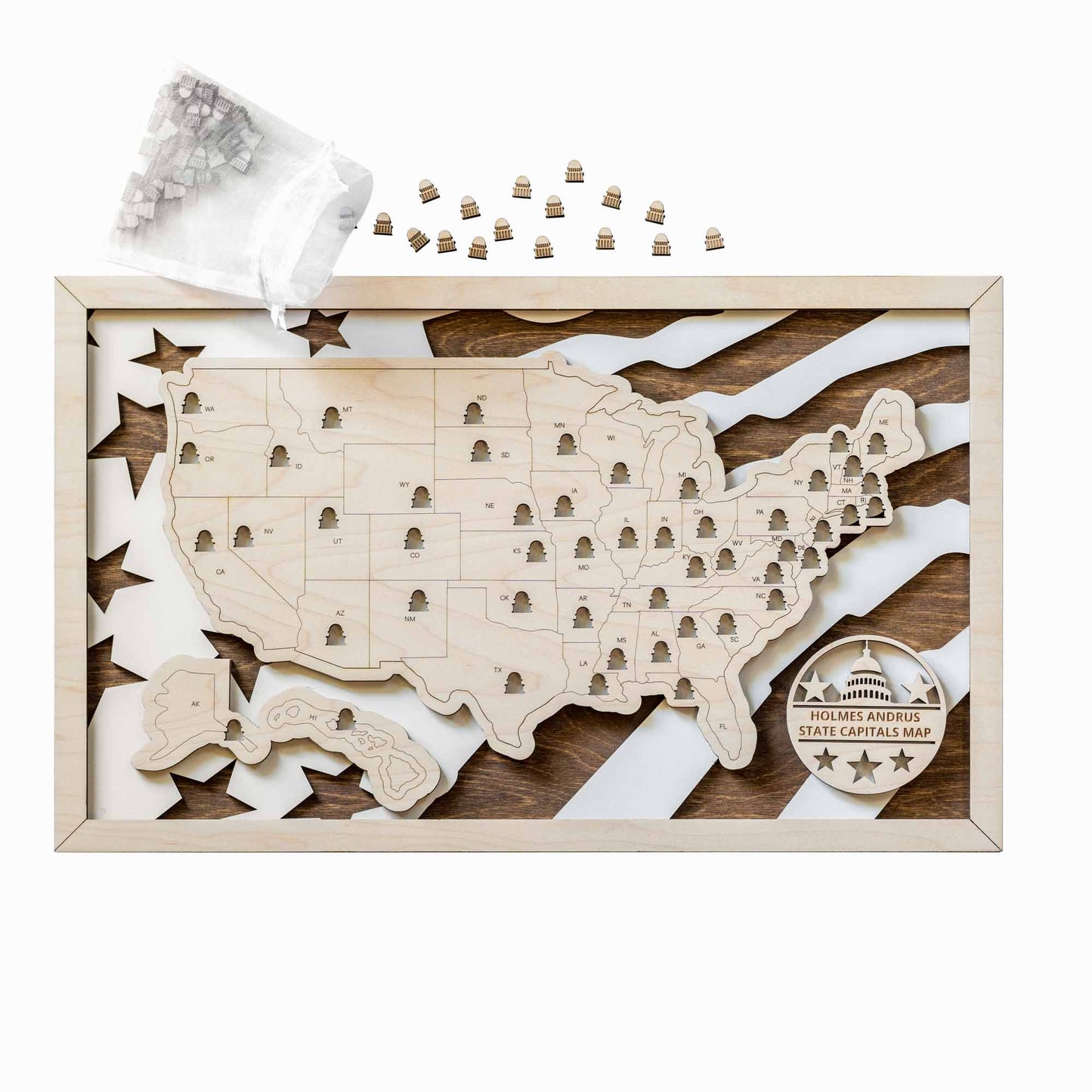 Framed wooden USA state capitals map travel tracker showing all 50 states with Capitol shaped marker cutouts