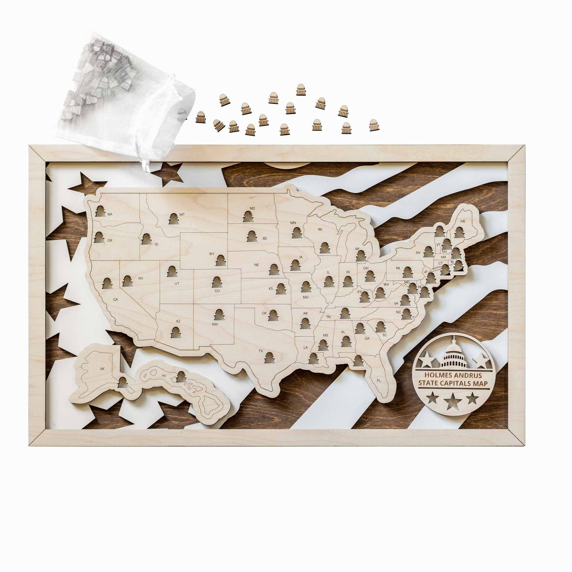 Framed wooden USA state capitals map travel tracker showing all 50 states with Capitol shaped marker cutouts