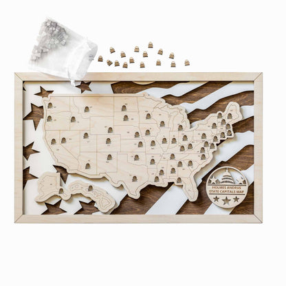 Framed wooden USA state capitals map travel tracker showing all 50 states with Capitol shaped marker cutouts