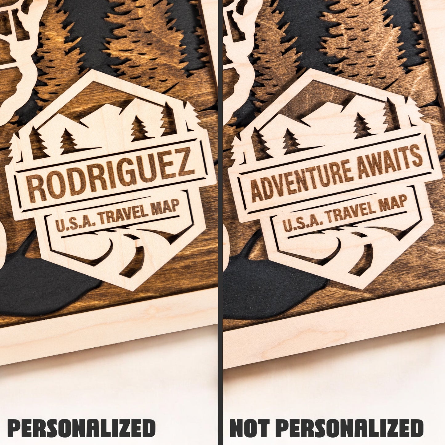 Comparison of personalized USA travel map with family name badge versus standard Adventure Awaits design