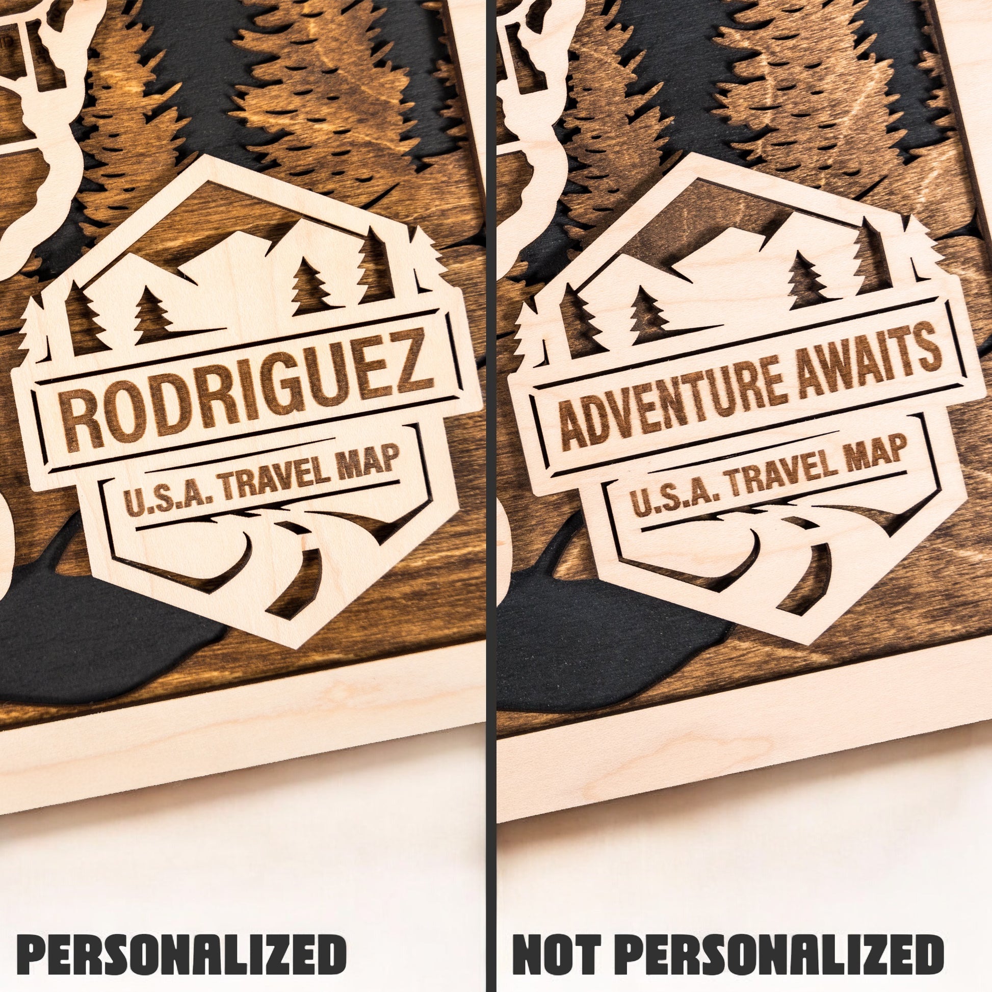 Comparison of personalized USA travel map with family name badge versus standard Adventure Awaits design