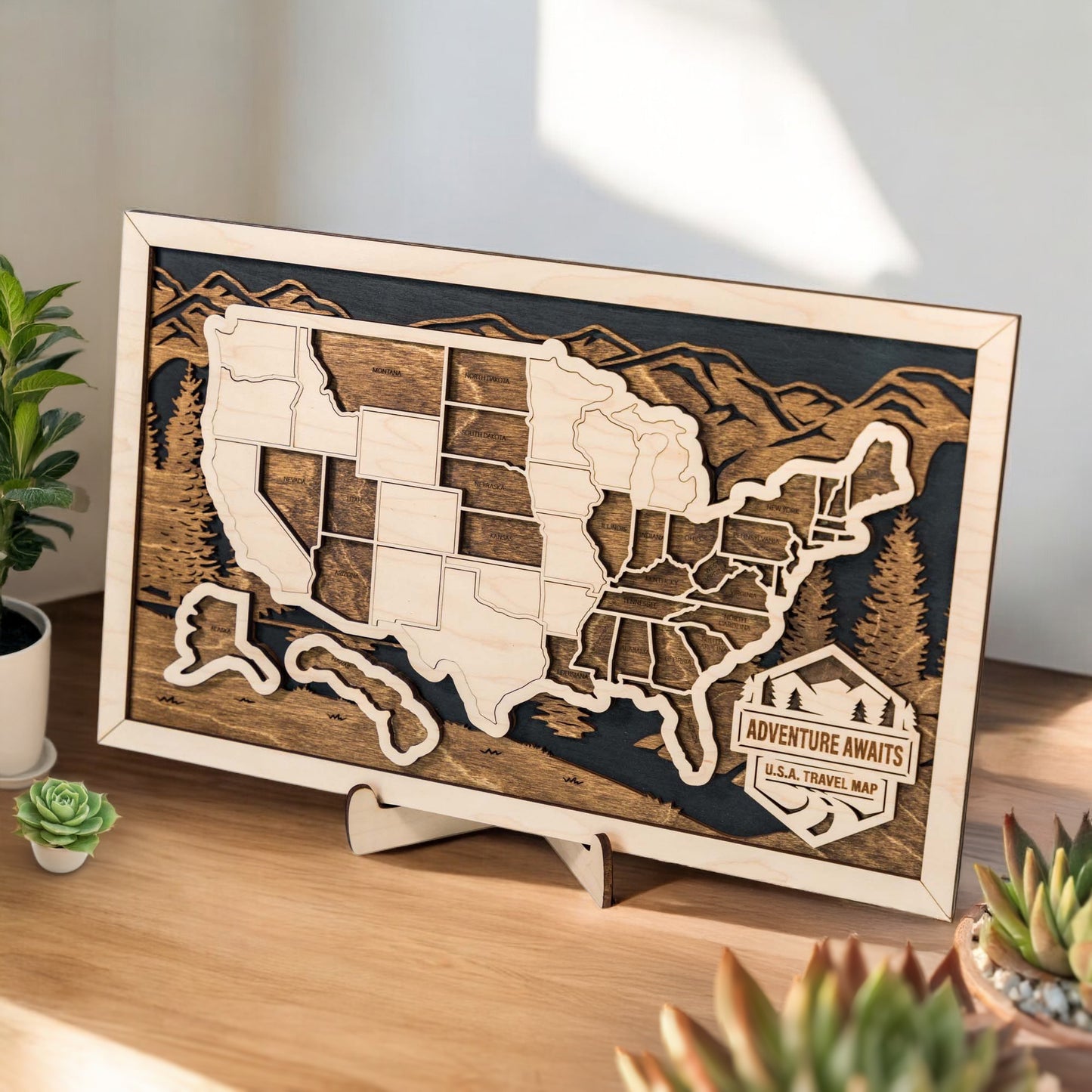 Wooden USA travel map wall art with removable state pieces displayed on a shelf with plants