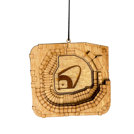 Handcrafted wooden Busch Stadium ornament, perfect for St. Louis Cardinals fans and holiday decorations.