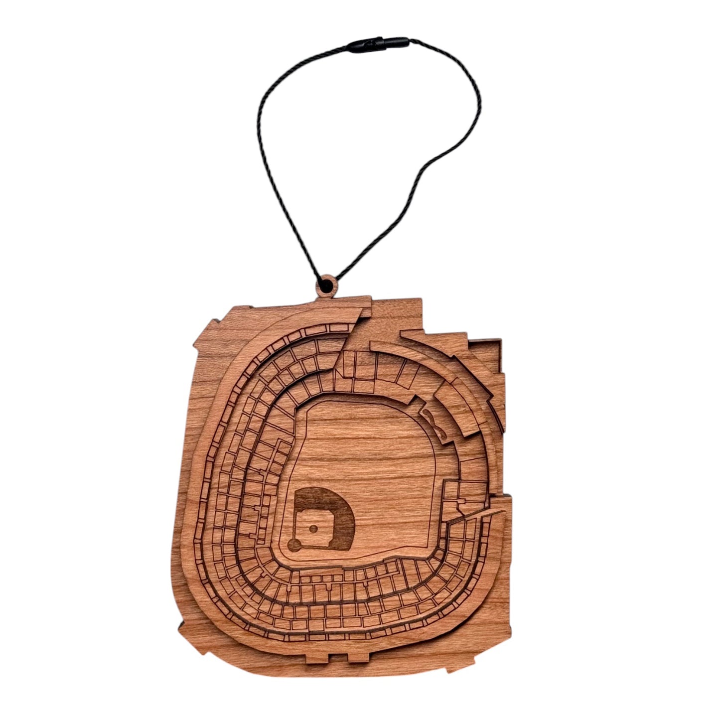 Yankee Stadium wooden ornament showing laser cut baseball stadium seating and field layout, layered wood ornament designed as a New York sports gift or travel souvenir